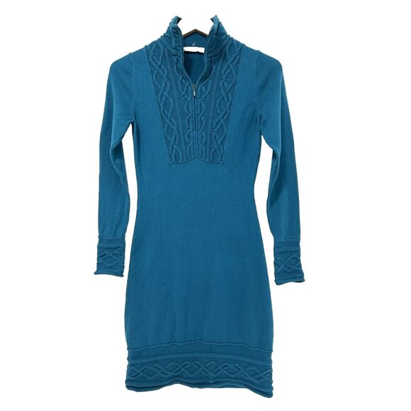 S NWOT Athleta Teal Sawtooth Organic Cotton Soft Cable Knit Boho Sweater Dress - Picture 2 of 7